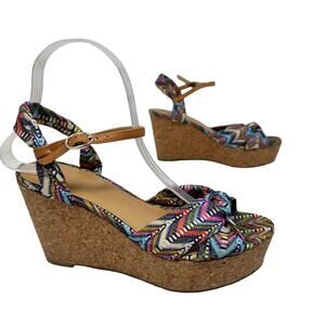 Nine West Electrico Wedges Womens Size 7M Multi-colored Open Toe Cork Bow Heels